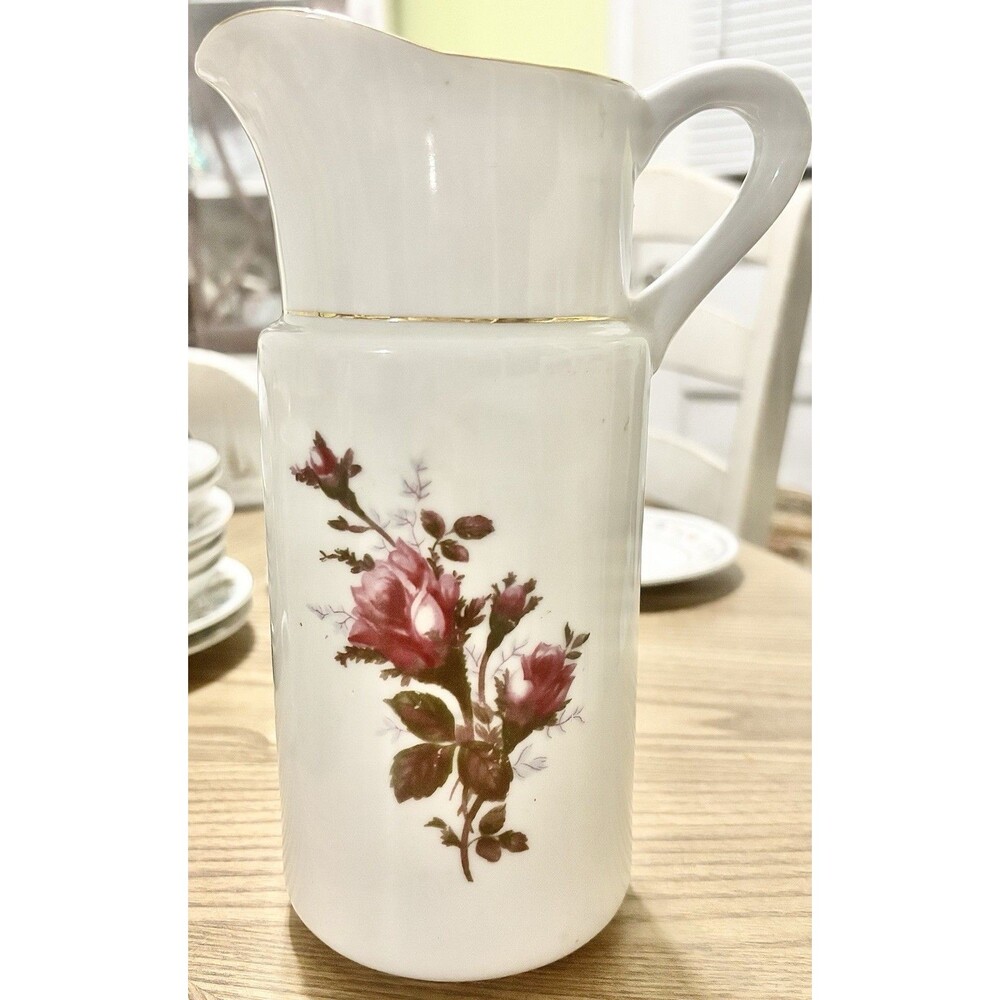 Vintage Japan Porcelain Pitcher Moss Rose Floral Gold Trim Tall Rare Shape